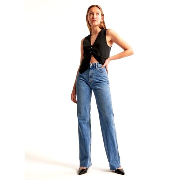 NEW! Abercrombie & Fitch 90’s Relaxed Jean High Rise Raw Hem Blue SZ 29/ 8 Reg - Picture 1 of 13